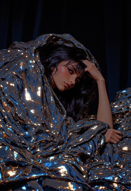 A hyper-realistic portrait photograph featuring a young woman with long, straight, dark hair lying gracefully on a bed draped in a shimmering sequined blanket that sparkles intensely, reflecting light in every direction, creating an almost magical glow. She rests on her side, her head propped delicately on her right hand, while both her hands are concealed under the blanket, adding an air of mystery to her pose. Her fair skin contrasts softly against the glittering blanket, and her expression is introspective, with slightly parted lips adding a touch of sensuality. The blanket's sequins catch the ambient light, scattering it into a dazzling display of shimmering reflections, resembling a star-studded night sky. The dim, ambient lighting enhances the intimate, moody atmosphere, casting gentle shadows that sculpt the contours of her face and body, emphasizing her serene yet enigmatic presence. The background fades into darkness, ensuring the focus remains entirely on the subject and the mesmerizing interplay of light on the sparkling blanket. The composition blends softness and glamour, fusing intimate elegance with a hint of otherworldly magic.