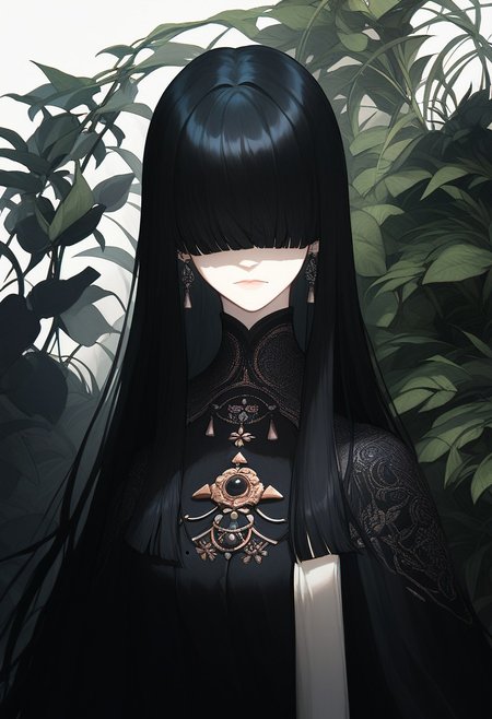 (((black hair))), long hair, (((bangs over eyes))), (((black blindfold))), 1girl, russian, Caucasian, (Cinematic Angle),, score_9, score_8_up, score_8, 
(masterpiece, highres, best quality:1.2), 
score_9, score_8_up, score_7_up, score_6_up, prsnl3, 1girl, solo, black hair, looking at viewer, mole under eye, jewelry, earrings, bangs, mole, blunt bangs, long hair, plant, closed mouth, upper body, grey eyes