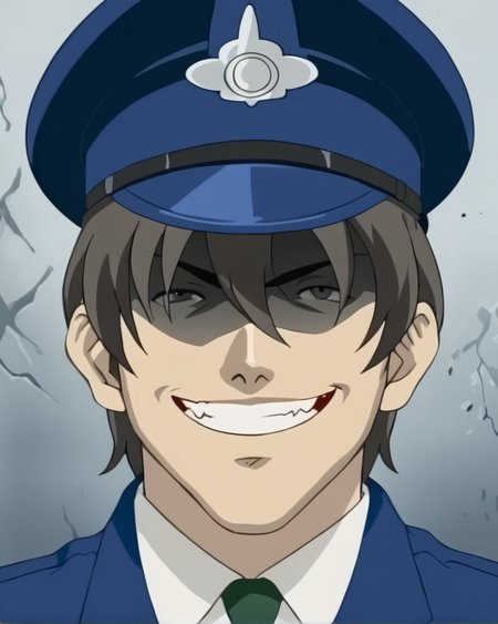 <lora:Kojin_Taxi_style_ForPony:1>1man, uniform, blue uniform, hat, shaded face, wicked smile, evil, teeth