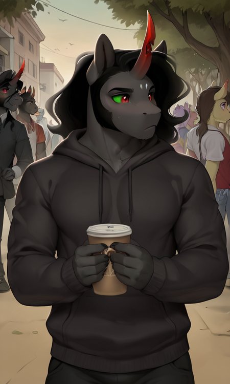 score_9, score_8_up, score_7_up, score_6_up, score_5_up, score_4_up, male, kingsombra, king sombra \(mlp\), (furry), red eyes, black hoodie, boy, handsome:1.2), (masterpiece, detailed eyes, detailed face, high quality, absurd res, kemono), (random background, crowded opensky citystreet, random face to camera, unconcerned, harmony scene, light space)