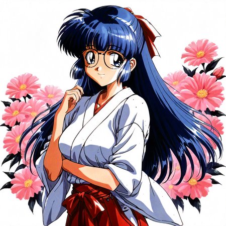 <lora:RC_maria_custardXLanimagine001>,
masterpiece,high score,great score,absurdres,
flower background,glitter,
smile,
looking at viewer,
solo,
anime coloring,retro artstyle,1990s (style),
maria_custard\(rance_series\),1girl,blue hair,half updo,hair ribbon,long hair,blue eyes,glasses,
cowboy shot,standing,
miko,