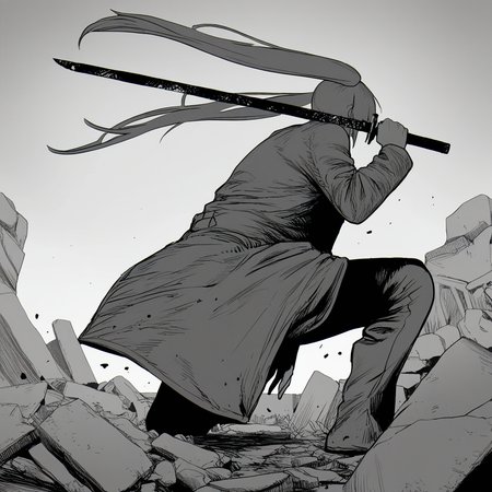 weapon,sword,1boy,male focus,coat,solo,rubble,squatting,hatching,pants,holding weapon,katana,holding,blood on weapon,holding sword,debris,crack,long coat,trench coat,fighting stance,blood,long sleeves,on one knee,1girl,long hair,
ftstyle,monochrome,greyscale,masterpiece,best quality,amazing quality,very aesthetic,highres,absurdres,<lora:ftstyle-noob11-v3-000007:1>,hatsune miku,twintails,