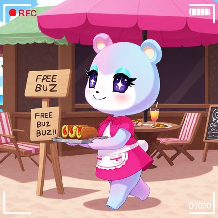 best quality, masterpiece, Full Body, Romantic, Small, Body, Furry, judyac, animal crossing, 1girl, solo, furry, bear, two-tone fur, light pink fur, light blue fur, white muzzle, purple eyes, star pupil, blush, blue eyeshadow, pink dress, beach, restaurants, serving food, carry tray, walking, outside lobby, board walk, beach chair, beach table, umbrella, recording, sign of buzz, sign said buzz sign writing say buzz, smile, holding a sign, sign said " free_buzz_food", writing buzz