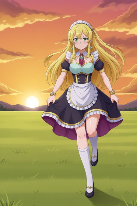 Aphrodite,    maid outfit, watch, running through a field, sunset, windy, <lora:COMMISSION_Danmachi-Aphrodite-PDXL:0.8>