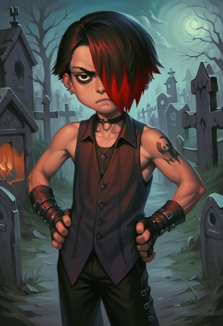 score_9_up, score_8_up, score_7_up, score_6_up, 1boy, solo, G0th_B0y, adult, face piercing, ear piercing, fingerless gloves, frown, short hair, black hair, red hair, multicolored hair, hair over one eye, black eyes, black pants, vest, arm tattoo, choker, bare shoulders, black footwear, standing, hands on hips, looking at viewer, outdoors, night, spooky graveyard, (realistic, painted art)