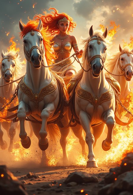 Create a high-definition, dynamic image of a fierce warrior girl driving a Roman chariot pulled by four fiery horses. The horses have flaming manes and eyes that glow like molten lava, their powerful legs kicking up sparks and dust as they charge forward with unstoppable force. The chariot is a pristine white, gleaming with golden accents, and its wheels feature intricate, radiant gold spokes. Fiery decorations glint in the sunlight, giving the chariot an almost divine appearance as it speeds across the landscape. The chariotâs driver is a striking redhead with a vestal headband, her fiery hair flowing wildly behind her. She wears a very short tunic