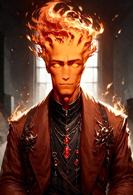 score_9, score_8_up, score_7_up, intricate details, rating_questionable,
<lora:dvr-gs:0.8>, dvr-gs, <lora:firehuman:1>, 
1man(firehuman, fiery body, solo, cowboy shot, looking at the viewer, red iris, happy, bodybuilder, ), black background, 
<lora:ral-chrosc-clr:0.5>, ral-chrosc-clr,
<lora:Expressive_H:0.5>
<lora:xl_more_art-full_v1:0.3>,
<lora:add-detail-xl:0.3>,