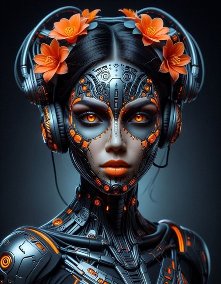 concept art A captivating portrait of a biomechanical fatale cyborg, featuring a mesmerizing blend of human and machine elements. Her face is adorned with vibrant orange colorful flowers, providing a striking contrast against the dark, metallic brown collar and intricate wiring. Large, metallic black headphones encase her ears, while she is surrounded by complex prosthetics. The chiaroscuro orange lighting accentuates her facial contours and the intricate workings of her cybernetic enhancements. The atmosphere is dark, mysterious, and futuristic, exuding an enchanting yet dangerous allure. The duotone black and orange palette adds an elegant touch of sophistication and depth, further enhancing the image's captivating appeal.(,digital art oil painting,ink,charcoal,double exposure)glass  painting<lora:luxart:1.2> . digital artwork, illustrative, painterly, matte painting, highly detailed