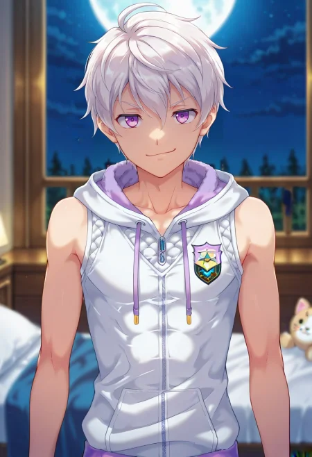 masterpiece, best quality, intricate details, anime screencap, , , looking at viewer, depth of field, 1boy, solo, male focus, <lora:felix_clermont_ilxl:0.98>, felix_clermont, white hair, purple eyes, ahoge, uniform, rule of thirds, bedroom, (plush), night, full moon, villain pose, smirk, Lycra Light orange Scallop Quilted joggers, Sleeveless muscle hoodie, , ,