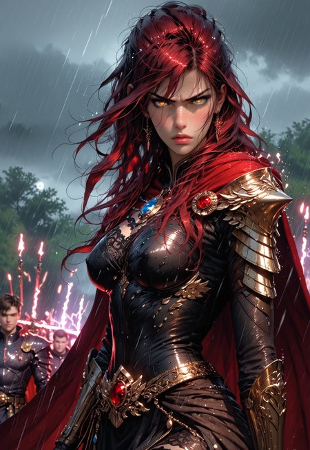 safe_pos, profile view of 1girl, sfw, gorgeous, freckles, shiny wet skin, detailed skin, detailed face:2, fierce:2, angry, sneerimg, intense glare, perfect eyes, glowing eyes, long hair, red hair, deep red hair, dark red hair:2, cloth tunic, saggy breasts, breasts covered:1.5, nipples covered, cloth stretched tight over breasts, showing slight skin, decorative mystic armor, dark blue armor:2, matching armor, armored skirt:2, flowing skirt:2, skirt:2, flowing cape, intricate armor, shiny armor, perfect hands:2, perfect fingers, eyeliner, relaxed hands, thigh highs, leggings, armored thighs, exposed upper chest, exposed lower thigh, showing slight leg, walking pose, cape billowing in the wind, turned, 
BREAK
smoking battlefield, outdoors, rain, rainy day, dark sky, dusk, lightning strike:2, stormy sky, lightning in sky, streaming banners, spears and swords in dirt, fires, 
BREAK
score_9, score_8_up, score_8, masterpiece, best quality, official art, extremely detailed, absurdres, high definition, photorealism, detailed shading, high contrast, ambient occlusion, 
BREAK
dynamic angle:1.5, cowboy shot, focus face, profile shot,  Dutch angle, high viewpoint, pov above,

expressiveh, comicbookpage style, mythp0rt, g4n1m3, 