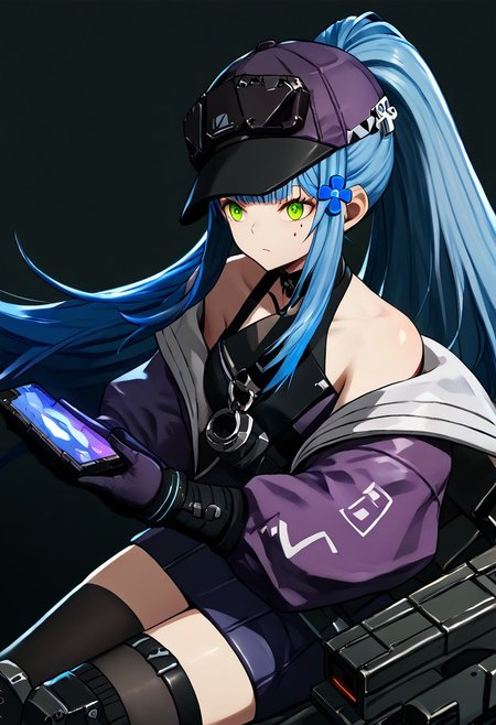score_9, score_8_up, score_7_up, score_6_up, score_5_up, score_4_up, source_anime, solo, 1girl, 
blue hair,long hair,ponytail,bangs,hair ornament,green eyes,facial mark, 
416_def,hat,choker,[purple jacket],multicolored jacket,bare shoulders,knee pads,black thighhighs,zettai ryouiki,thigh strap,black gloves,[black shirt], 
masterpiece, best quality, very aesthetic, absurdres,