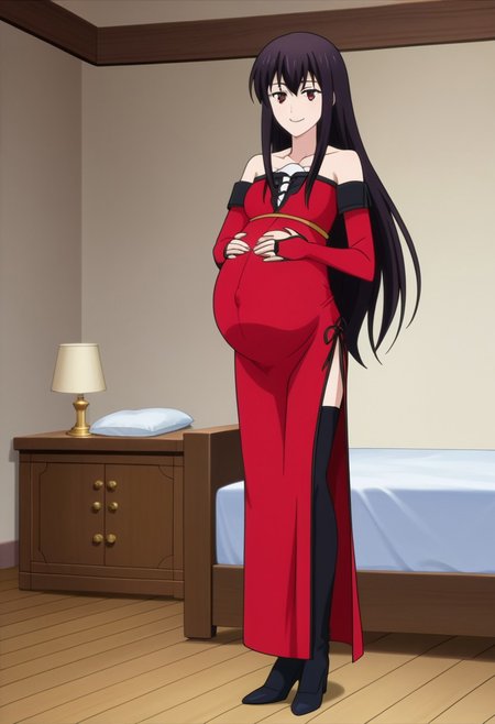best quality, masterpiece, 4k, perfect lighting, very aesthetic, anime, anime coloring, official art, anime screencap, (large pregnant belly:1.3), bedroom, (hands on belly:1.5), happy, smile,
celeste, long hair, black hair, red eyes,
ached sleeves, bridal gauntlets, bare shoulders, collarbone,
long dress, side slit, black thighhighs, high heels,
standing