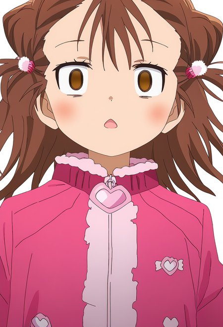 Ryouka_MIKETA,1girl,solo,brown hair,empty eyes,brown eyes,open mouth,blush,looking at viewer,white background,portrait,simple background,pink jacket,hair ornament,two side up,short hair,<lora:Ryouka_MIKETA:1>