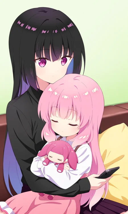 masterpiece, best quality, zzhaizakura,  zzKarasuba, yuri, 2girls, multiple girls, holding, phone, shirt, white shirt, dress, holding phone, multcolored hair, book, couch, long sleeves, long very hair, upper body, cellphone, skirt, bangs, pink dress, closed mouth, sitting, bedroom, purple eyes, sleeping, pink hair, closed eyes, smartphone, aged down, collared shirt, purple hair, long hair, holding stuffed toy, green background, black hair, black shirt, sitting on person, stuffed toy, looking at phone, long hair, black hair, on couch, lying, pillow, sitting on lap, object hug, reading, doll, 