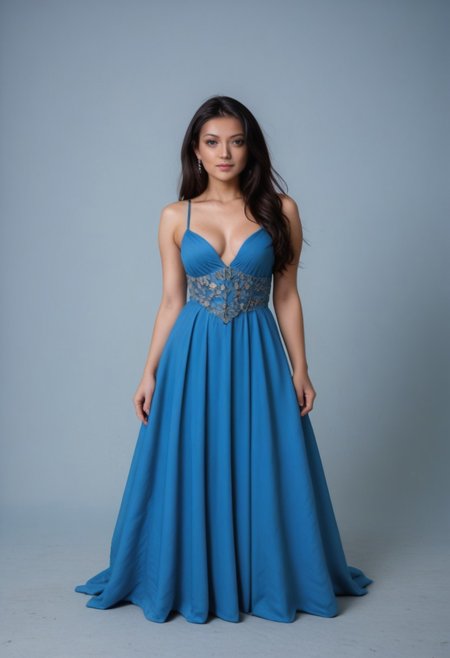 girl photo model, beautiful body, visible ribs, 22 years old, black hair, turns around, studio photo, slim, big boobs, random photo model pose, ((Ceceline)), sexy mini blue dress