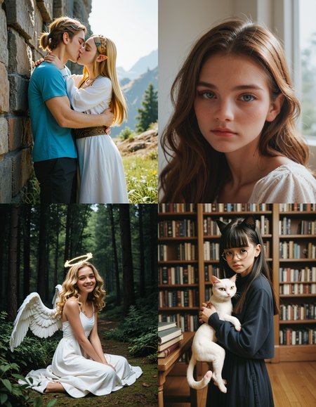 https://civitai.com/articles/5300 ___ All images: score_9, score_8_up, score_7_up ___ 1st image: 1girl, 1boy, Princess_Zelda, \(The_Legend_of_Zelda:_Breath_of_the_Wild\), standing, kiss, hug, closed_eyes ___ 2nd image: 1girl, lovely face, portrait, close-up, looking_at_viewer, closed_mouth ___ 3rd image: 1girl, solo, blonde_hair, wavy_hair, angel, angel_wings, halo, smile, sitting, forest, white_dress ___ 4th Image: 1girl, solo, long_hair, black_hair, blunt_bangs, straight_hair, round_eyewear, cat_girl, cat_ears, cat_tail, standing, hug cat, looking_at_viewer, library