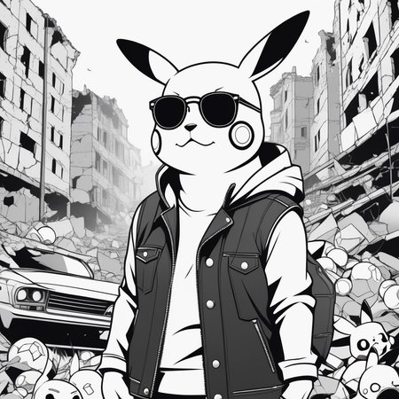 line art drawing An illustration of Pikachu in a leather jacket and sunglasses in a ruined city full of abandoned Pokballs . professional, sleek, modern, minimalist, graphic, line art, vector graphics