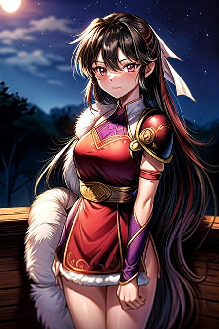 best quality 1girl Setsun4 solo long hair,  (night time) forest background black hair very long hair purple eyes multicolored hair armor, small, (fur trim) (medium body),<lora:EMS-179-EMS:0.800000>,<lora:EMS-293862-EMS:0.800000> bow, hair_bow, hair_tubes, red_bow, brown_hair, long_hair, bangs, ascot, frilled_bow, yellow_ascot, blush, smile, hair_between_eyes, athletic, armor, miko, ,(((intricate outfit,intricate clothes,embroidered outfit,ornate outfit,embroidered clothes,ornate clothes))), strengthmda