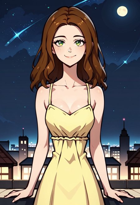 score_9, score_8_up, score_7_up, score_6_up, score_5_up, source_anime, Expressiveh
SBAbigail, 1girl, solo, brown hair, long hair, green dot eyes, Casual yellow dress, sleeveless dress, cowboy shot, looking at viewer, smile
windy, windy dress, windy hair, night, sky, looking up, hands on forehead, stars, moon, dark, rooftop, cityscape, outdoors, city lights, house, suburbs