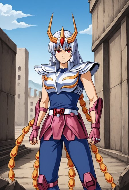 1girl, solo, fujiwara no mokou, white hair, red eyes, ofuda, silver breastplate, silver pauldrons, blue undershirt, magenta vambraces, magenta fingerless gloves, belt, belt buckle, magenta faulds, tail feathers, phoenix tail feathers, blue pants, magenta greaves, standing, serious, outdoors, ruins