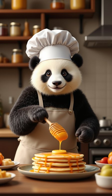 pinkfluxproultrafantasia, 
A panda wearing a chef's hat and apron, happily flipping pancakes in a cozy kitchen filled with jars of honey and fruit.