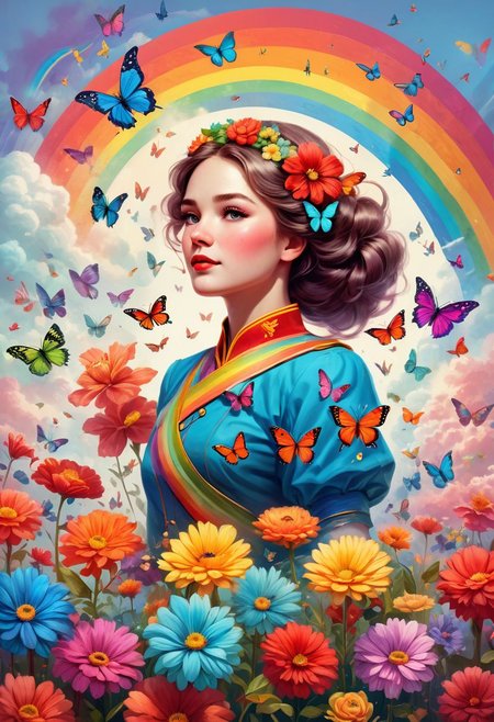 Flowers, masterpiece, dream, fantasy, epic, chaos, magnificent, rainbow, cute, retro style, International Women's Day, Holiday, communism, uber realistic , hd, epic quality, butterfly