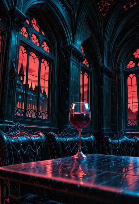 SmoothNoob_Quality, no humans, gothic architecture, darkness, barred window, red sky, expensive furniture, indoors, table, wine glass,  <lora:Smooth_Booster:1> <lora:SLE_v2:-0.5>