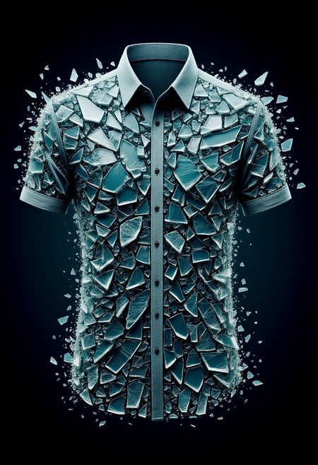 <lora:Glass_Fracture_Former_FLUX-000017:0.9>
This is a digital artwork featuring a stylized, surreal image of a dress shirt made entirely of shattered glass.