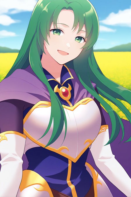 masterpiece, best quality, 1girl, solo,  <lora:fececilia-illu-nvwls-v1-000005:1> dfCla, green hair, green eyes, purple cape, brooch, armored dress, purple dress, elbow gloves, white gloves, belt, upper body, blue sky, field, clouds, smile, happy, looking at viewer, portrait