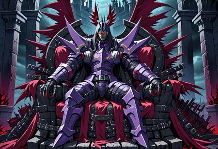 a dexdoru knight covered in belts sits upon a throne made of belts in a gloomy gothic castle,anime style,scene from hellsing,menacing