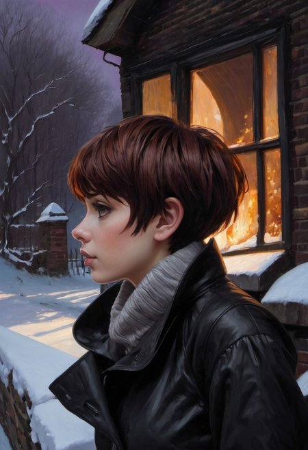 (((anime oil painting))), (((turning side view))), (((short cute  girl wearing summer clothes))), (((short straight dark-ginger/black textured side-swept pixie-cut hair))), ((embarrassed expression)), (((vagina))), ((medium breasts)), (((snub-nose))), ((dimples)), ((dark eyes)), (((side-boob))), ((off-shoulder)), (tanned skin), mittens, old sneakers, (((turning to look over shoulder))), (deserted dark English village), distant small quaint church, snow, ((evening)), Intricate textures, (high detailed skin:1.7),