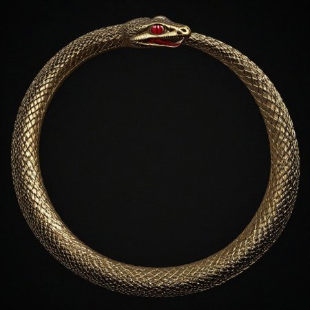 Glowing Snake,Ouroboros, 8k, high resolution, fine quality, high quality, very detailed, photo realistic, snake eating its own tail, snake with its tail in its mouth, snake, solo snake, detailxl, background, snake has a ruby as an eye.