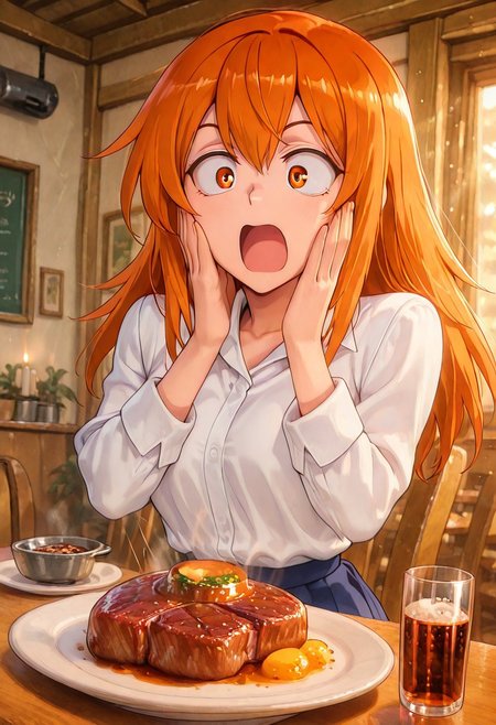 1girl, solo, masterpiece, best quality, newest, absurdres, CG, anime, source anime, illustration, very aesthetic, high resolution, ultra-detailed, newest, scenery, medium depth of field, rule of thirds, masterpiece-level, clean lines, 
BREAK 1girl, ((solo)), (solo focus:1.25), Gamou_Maki, orange_eyes, orange_hair, long_hair, hair_between_eyes, medium_breasts
 school_uniform, white_shirt, collared_shirt, pleated_skirt, blue_skirt, sleeves_rolled_up
dynamic pose, sitting on the chair behind table, delicious food, surprised, hands on own face, food focus, dutch angle, upper body
indoors, restaurant, cozy, candles, plate with meal, soft drink, big beef steak on the plate, cow bell near plate
motion lines, cinematic angle, various angles, detailed background, beautiful background, (rays light:1.0),(grow:1.0) mystical, luminism, vibrant colors, light particles
