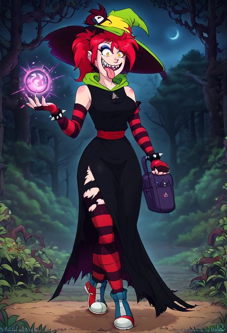 ((score_9, score_8_up, score_7_up, best quality, masterpiece, smooth shading, solo, full body)), (((haunted forest, dry trees, branches, fog, night, easynegative))), ((female, 1girl)), ((black robe, witch hat:1.30)), ((standing, posing)) ((slim body:1.1)), holding a magical orb in hand, casting a magic spell, female, eyelashes, demencia, red hair, green ponytail, striped thighhighs, single striped sock, anklet, green monster hood, yellow eyes, sharp teeth, single striped sleeve, red sneaker, blue sneaker, smile, eyeshadow, spiked bracelet, torn pantyhose, glove, tongue out