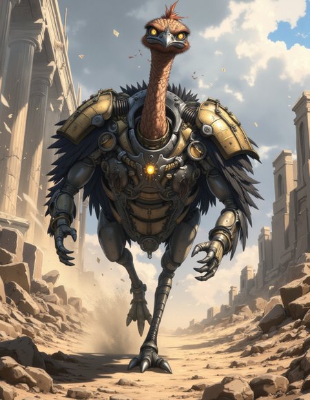 A mechanized war-ostrich charges forward through a desolate, rocky wasteland, aggressively running toward the viewer as if breaking the fourth wall. The ostrich's body is fused with intricate steampunk-style armor: brass plating, exposed gears, whirring pistons, and rugged tubing, all worn and battle-scarred. Its eyes gleam with a feral intensity, glowing faintly from within a reinforced steel helm. Feathers are interwoven with metal shards and cables, giving it a savage, hybrid look. The wasteland behind it is scattered with the crumbling ruins of a lost world—toppled statues, broken columns, shattered war machines, and wind-blown dust. The sky above is murky and overcast, adding drama to the scene. The war-ostrich's powerful legs kick up debris as it barrels ahead, its massive talons raised mid-stride. Think Mad Max meets Jules Verne in a prehistoric apocalypse. Dynamic motion, gritty textures, cinematic energy.

