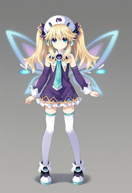Histoire \(neptunia)\, blonde hair, blue eyes, long hair, twintails,, short dress, hat, necktie, thighhighs, white legwear, fairy wings, footwear, boots, detached sleeves,, short,   standing,   score_9, score_8_up, score_7_up, ,source_anime, best quality, masterpiece,   , full body view ,  1girl , solo , girl focus ,