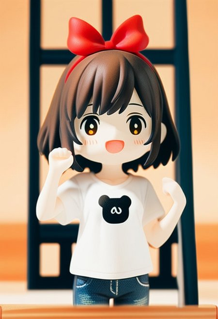 ZPDXL3, score_9, score_8_up, score_7_up, score_6_up, score_5_up, score_4_up, 1girl, small breasts, solo, 
bedroom, jeans, t-shirt, hairband, red hair bow, 
majokiki, (dark brown hair:1.2), brown eyes, blush, acvillager, chibi, figure, miniature,