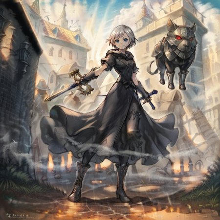 score_9, score_8_up, score_7_up, score_6_up, score_5_up, score_4_up, BREAK source_anime, 1girl, solo, masterpiece,best quality,highres,absurdres,official art,official style,source_anime,anime screencap,anime coloring,bravely default, masterpiece, best quality, shadow, darkness, glowing outline, high resolution, italian fantasy city background, Xion, short hair, blue eyes, black coat, gloves, boots, pants, silver hair, black bodysuit, fingerless gloves, helmet, shadow headwear, shadow Cropped Jacket, cropped jacket, short sleeves, shadow gauntlets, gauntlets, trench coat, thigh armor, boots, shadow footgear, smiling, closed mouth, masterpiece, best quality, illustration, absurdres, cute, extremely detailed face, perfect lighting, magic sword, 1weapon in hand, spellsword (final fantasy), full body, dynamic pose,  