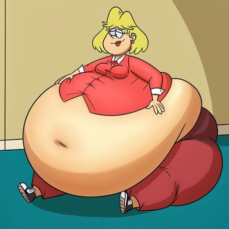 female, rita loud, 1girl, solo, blonde hair, short hair, earrings, jewelry, smile, lipstick, stud earrings, shirt, pants, Gigantic tummy, Gigantic tummy, sitting on floor,