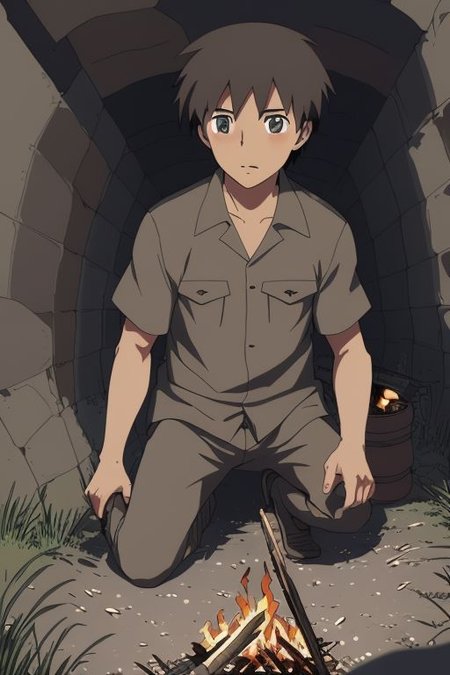 high resolution, solo, best quality, 1Boy, Takaki Toono, Brownish Hair, Brown Eyes, cave, bunker, field Ration, bonfire, OverallDetail