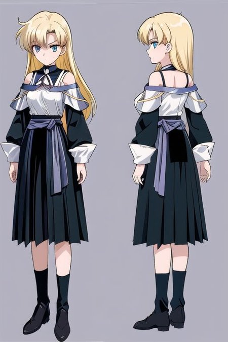 anime, blonde, very messy hair girl, gothic style, no sleeve yellow shirt, black skirt, shoulder, witch, serious face, medieval fantasy, medieval castle, wizard uniform, 1980s (style), retro artstyle, model sheet, simples bsckground, chara-sheet
