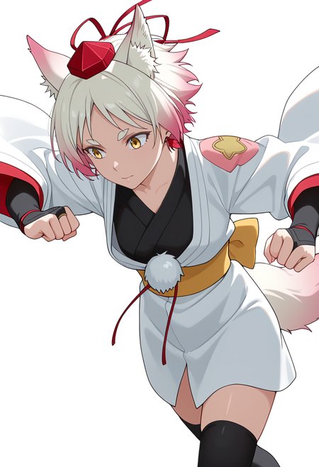 Smooth Quality,masterpiece,very intricate, high quality details, ultra realistic, high detailed skin,detailed enviorement,absurdres,
simple background, white background,solo,
walking, arms swinging, relaxed shoulders, looking forward, natural movement,  ,dynamic angle,horrified,
 <lora:Momiji_cnn:0.8> momijicnn,1girl, wolf ears, yellow eyes, white hair, pink hair, short hair, gradient hair, thick eyebrows,tokin hat, japanese clothes,white kimono,sash, black thighhighs, long sleeves, bridal gauntlets,earrings, pom pom (clothes), tail,