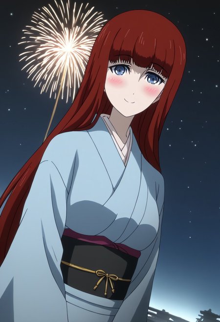 rating_safe, Ultra-high-detailed Anime illustration of Kagari Shiina from Anime Steins;Gate 0. 
The artwork features Kagari in a solo, standing position with a outdoors, flield, and night background. night time. night. stars.
She is depicted with intricate details showcasing her large breasts, natural_breasts. She is a white skinned, 22 years old woman. Kagari is looking_at_viewer with perfect_eyes, Her pupils are highly detailed. The eyes are open. blue eyes. Kagari's eyes are highlighted. Highlighted eyevrows. 
She has long hair, red colored hair, styled in blunt bangs and floating hair.
She is wearing a blue kimono and black shoes. japanese kimono, kimono.
The artistic style is intricate_details_xl with a focus on Anime art. The color palette emphasizes red and black with detailed strokes to bring out the character's features. The lighting creates dramatic shadows and highlights, adding depth to the artwork. The perspective is from a face focus, dutch angle to enhance the impact of the character's expression. This masterpiece is a true portrayal of Kagari's complex personality and will captivate any fan of Kagari. uncensored, upper body, blushing, smile, Kagari Shiina,
perfecteyes,
<lora:Steins_Gate:1>
kimono
happy new year!, Happy New Year fireworks, Happy New Years