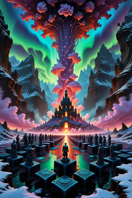 Art painting by Moebius and Richard Estes and Andy Warhol, featured on Eddie Mendoza, ,Dark matter noon interacting invisibly, Winter aurora factories emitting prismatic smog , chaos neo classical, Giant's chessboard valley with obsidian king figures,Drone snowfall deploying repair nanites,Nanotech dust storm glitter in repair swarms, Psionic geyser field erupting liquid memories, Cirrus uncinus homogenitus from quantum computer coolant, , crystal lattice fluorescence -mineral communication,, 
<lora:betmd2:0.15> betmd, Clovers, roses, flowers, colorful, levanders,
 <lora:detailed_notrigger:0.7>,
 <lora:aidmaImageUpgraderSDXL-v0.3:0.2> aidmaImageUpgrader,
 <lora:Flux-style-xl-lora:0.2> flux-style, 
<lora:Vivid Midjourney mimic - XL SDXL v2.0:0.3>,
 <lora:add-detail-xl:0.5>,
