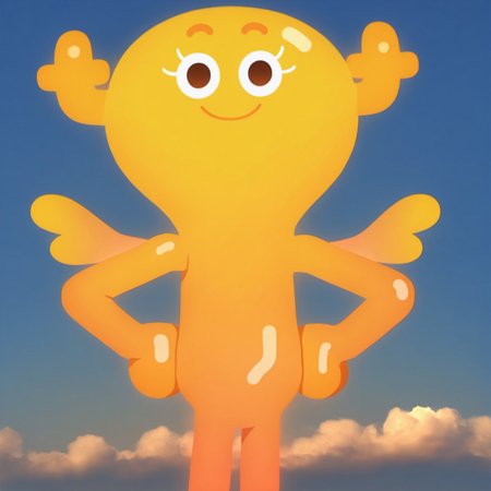 uncensored, masterpiece, best quality, highly detailed, realistic, 1girl, solo, PenFGB, female humanoid, fairy, antlers, orange eyebrows, white eyelashes, dark-orange eyes, yellow skin, multicolored skin, orange legs, small wings, smile, closed mouth, looking at viewer, flying, clouds, blue sky, afternoon, (front view), detailed background, three-quarter portrait, (ball hands), (featureless crotch), ((yellow face))