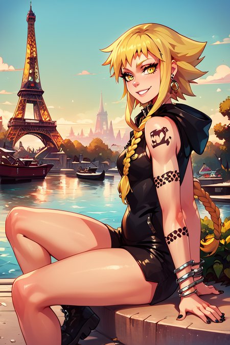 score_9, score_8_up, score_8, medium breasts, (curvy), cute, eyelashes,       BREAK, , zzMedusa, blonde hair, long hair, braid, yellow eyes, tattoo,  hood, jewelry, bracelet, sleeveless, nail polish, hoodie, braid, black nails,  <lora:Medusa_SoulEater_PDXL_v2:1.0>, BREAK, zzEiffelTower in background, sitting, watercraft, boat, sitting on wall, side view, looking at viewer, smile, ,,, BREAK, blooming stars, luminescent petals, otherworldly fragrance blurry background, ,,, embedding:zPDXL, Expressiveh, ,,, <lora:EiffelTowerPDXL:0.8>, <lora:CatalystStylePDXL:0.6>, <lora:SDXLFaeTastic2400:0.5>, <lora:Expressive_H-000001:0.4>,