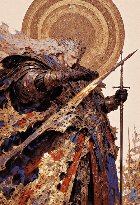 A highly detailed digital artwork depicting a fantastical warrior maiden exuding strength and elegance in an elaborate, ornate outfit. She has long, flowing blonde hair intricately braided and crowned with a radiant golden circlet that gleams in the light. Her sharp, piercing eyes and confident, determined expression reflect her fearless nature. Her armor combines silver, gold, and deep brown tones, featuring intricate patterns of swirling designs, circular motifs, and animalistic symbols that lend it a rich medieval fantasy aesthetic. She wields a grand, ornate sword in her right hand, its hilt wrapped in interwoven gold and silver bands, and its sharp, curved blade shimmering with a metallic sheen. Her outfit is a harmonious blend of form and function, with a sleeveless chest plate, a flowing skirt-like garment that adds dramatic flair, and intricately armored thigh-high boots that complete her formidable appearance. The background is minimalistic yet elegant, featuring abstract circular designs in muted beige and white tones, drawing focus to the warrior maiden’s dynamic pose. The artwork captures her mid-motion, with the flowing elements of her outfit and the gleam of her armor emphasizing her readiness for battle. This composition radiates a sense of power and beauty, blending realism with fantastical elements in stunning detail.