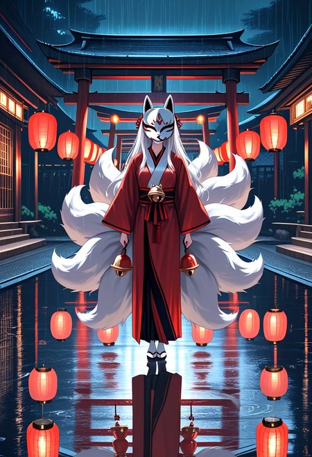 masterpiece, very aesthetic, newest, high score, best quality, absurdres, kitsune_yokai, 1girl, solo, long hair, looking at viewer, red eyes, animal ears, standing, tail, white hair, outdoors, japanese clothes, kimono, fox ears, bell, mask, night, fox tail, animal, fox, multiple tails, reflection, rain, lantern, torii, architecture, fox mask, east asian architecture, fox, paper lantern, kitsune