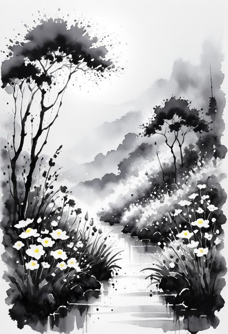 sunlight, nature, outdoors, scenery, flowers, rain
 ink-painting, ink wash,, ink wash painting,, white background,, SLPASHTER_3-7000, zavy-slhtt, black silhouette, monochrome