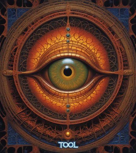 Tool Metal album cover, style by Alex Gray, spiral eye, (write text: "TOOL")